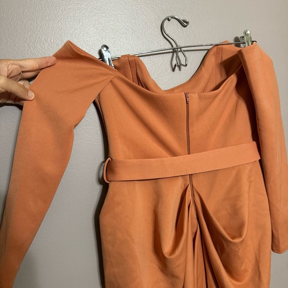 ASOS Design Elegant Tan Orange Long Sleeve Bardot Neckline Drape Mid Dress - Picture 9 of 11